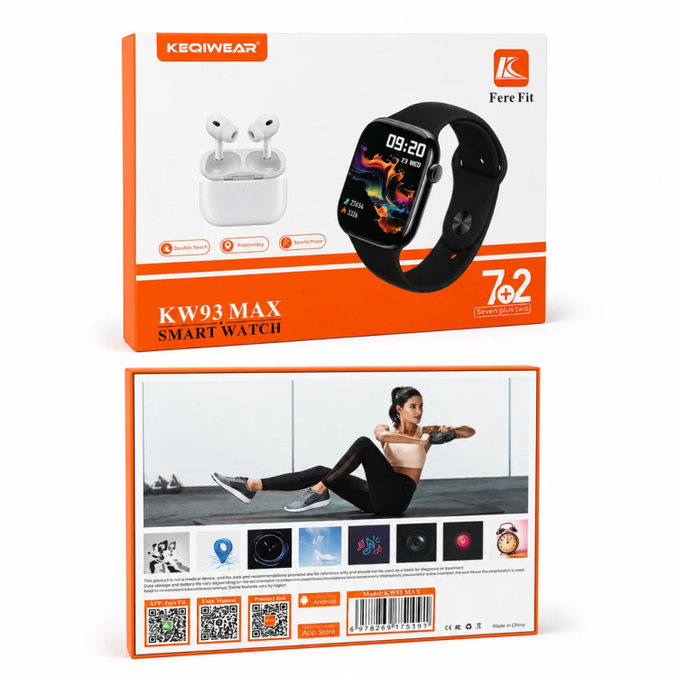 ساعت هوشمند 44 میلی متری کیکویر مدل KW93 MAX با بند سیلیکونی به همراه هدفون بلوتوثی
